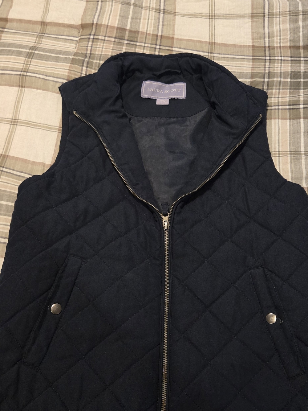 Laura Scott Quilted Black Puffer Vest with Stand Collar